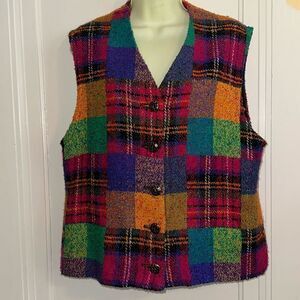Vintage multi color block & plaid thick nubby wool look vest